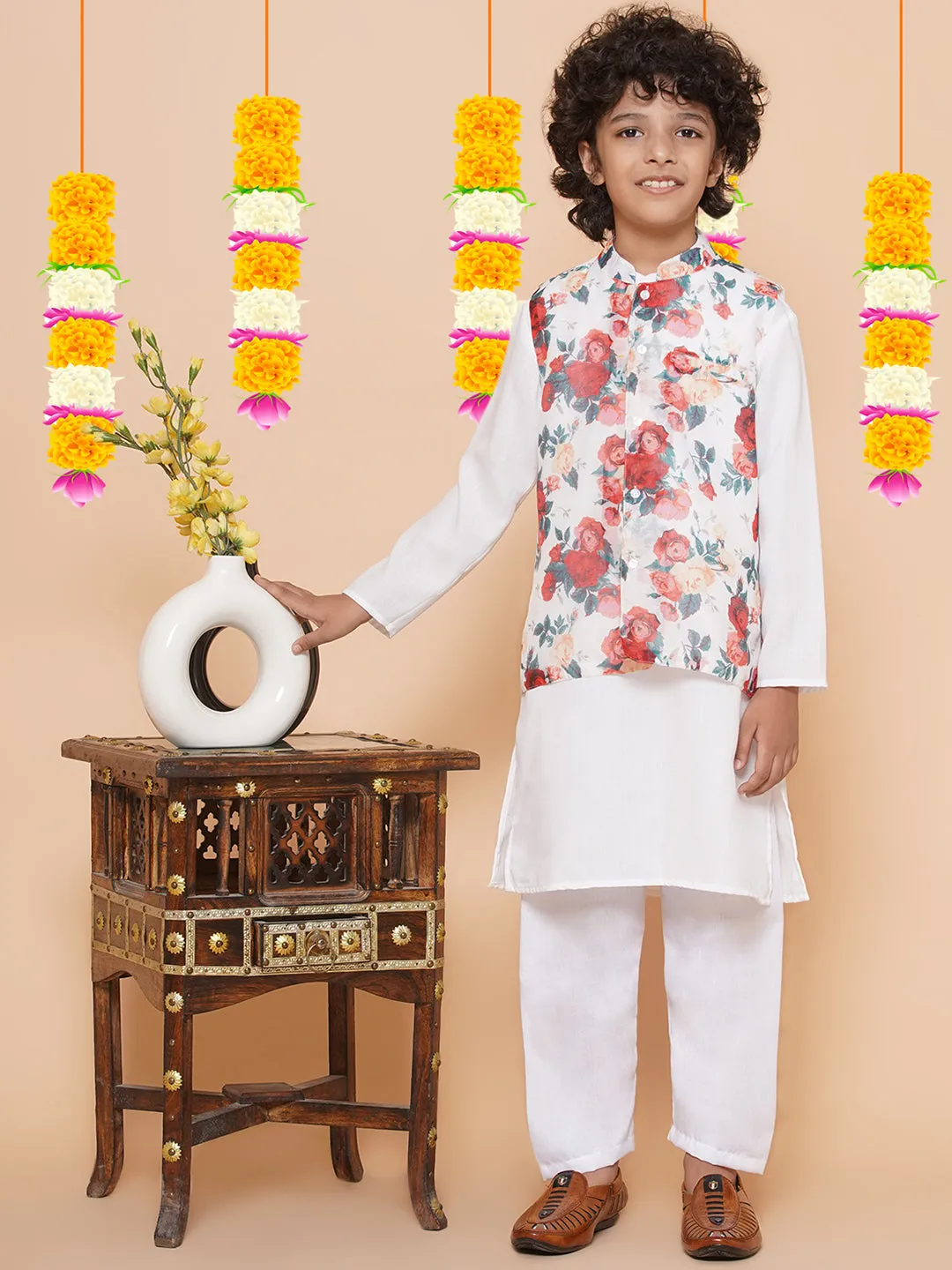 Boys White Kurta & Pyjamas with Multi Color Printed Jacket