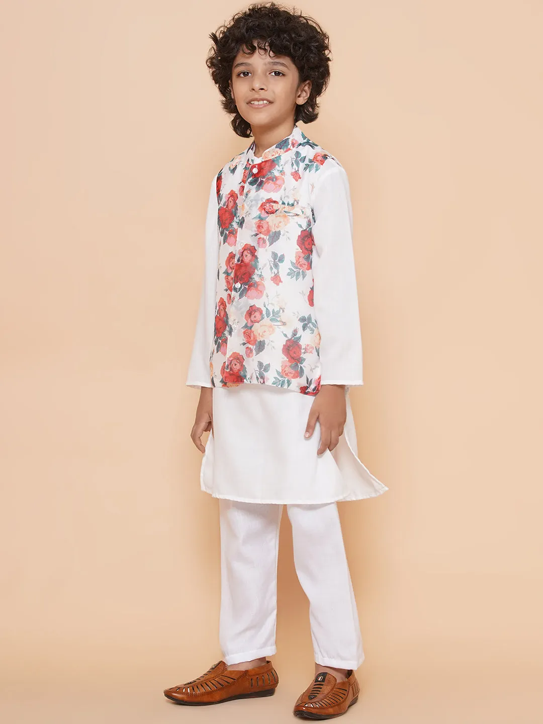 Boys White Kurta & Pyjamas with Multi Color Printed Jacket