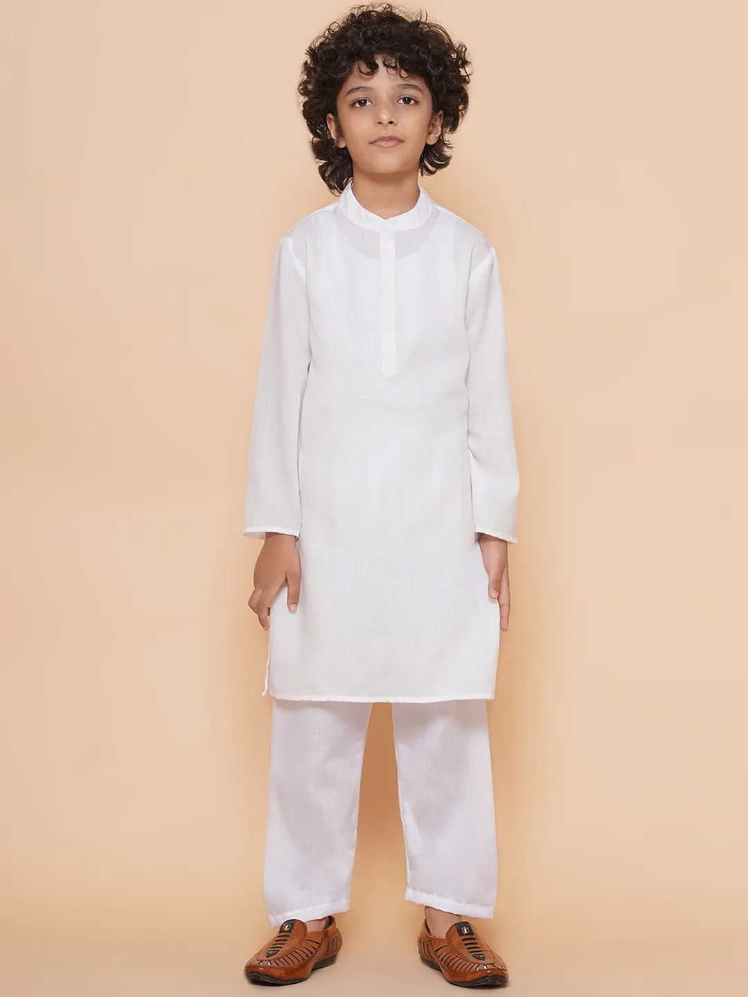 Boys White Kurta & Pyjamas with Multi Color Printed Jacket