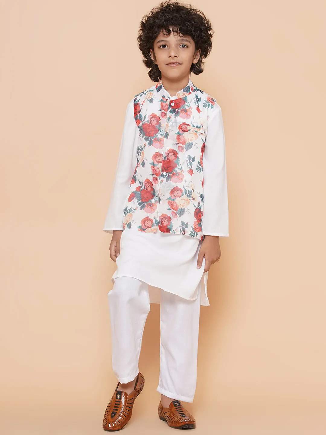 Boys White Kurta & Pyjamas with Multi Color Printed Jacket