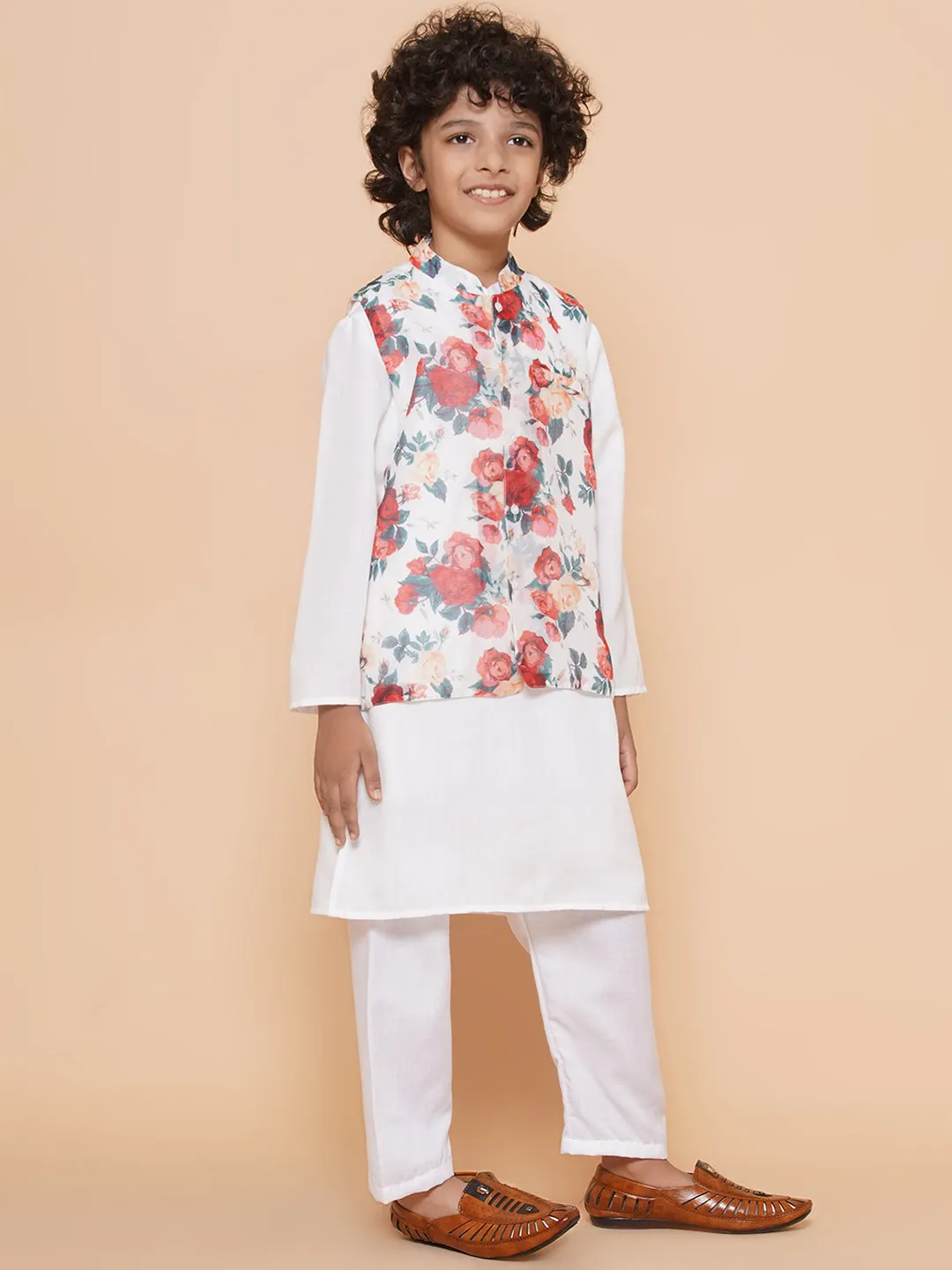 Boys White Kurta & Pyjamas with Multi Color Printed Jacket