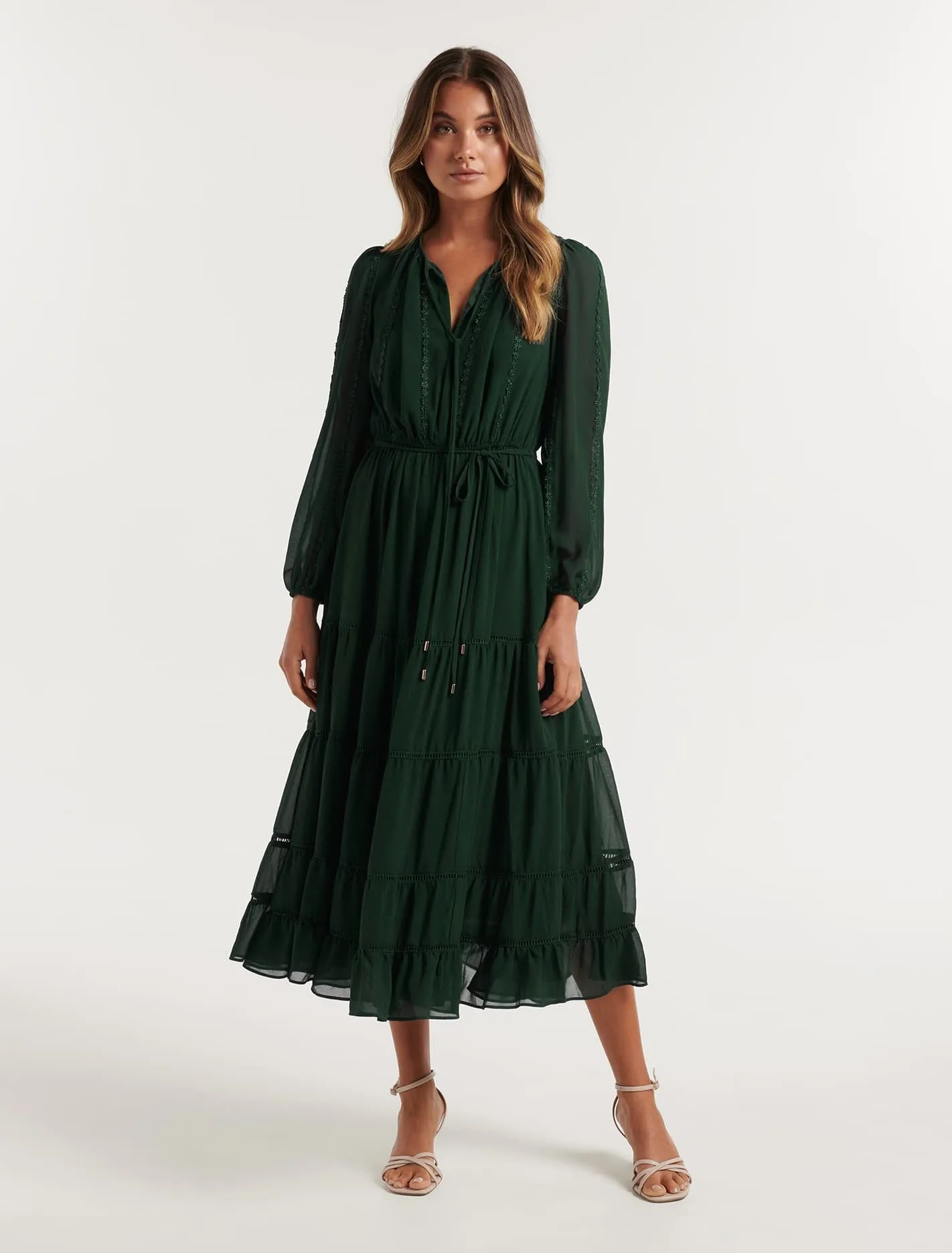 Bridget Tiered Lace Trim Midi Dress