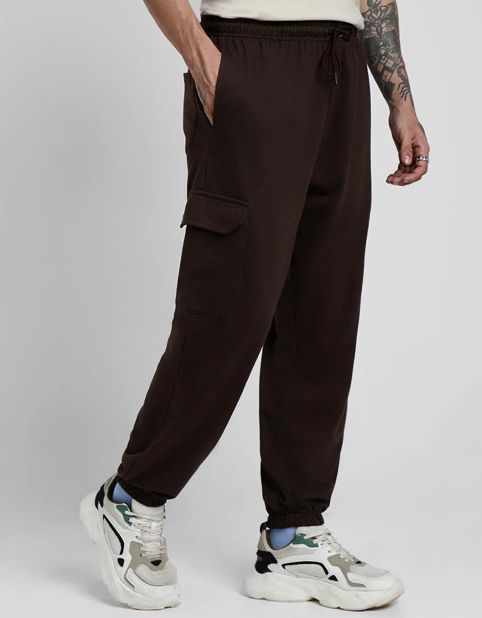 Brown Solid Baggy Fit Cargo Pants