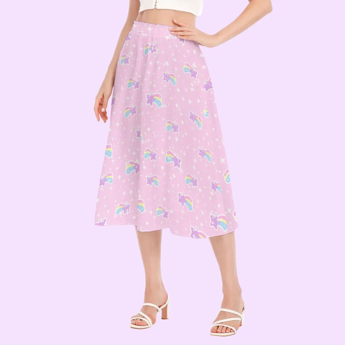 Bubblegum Bunny Shooting Stars Women's Long Midi Chiffon Skirt