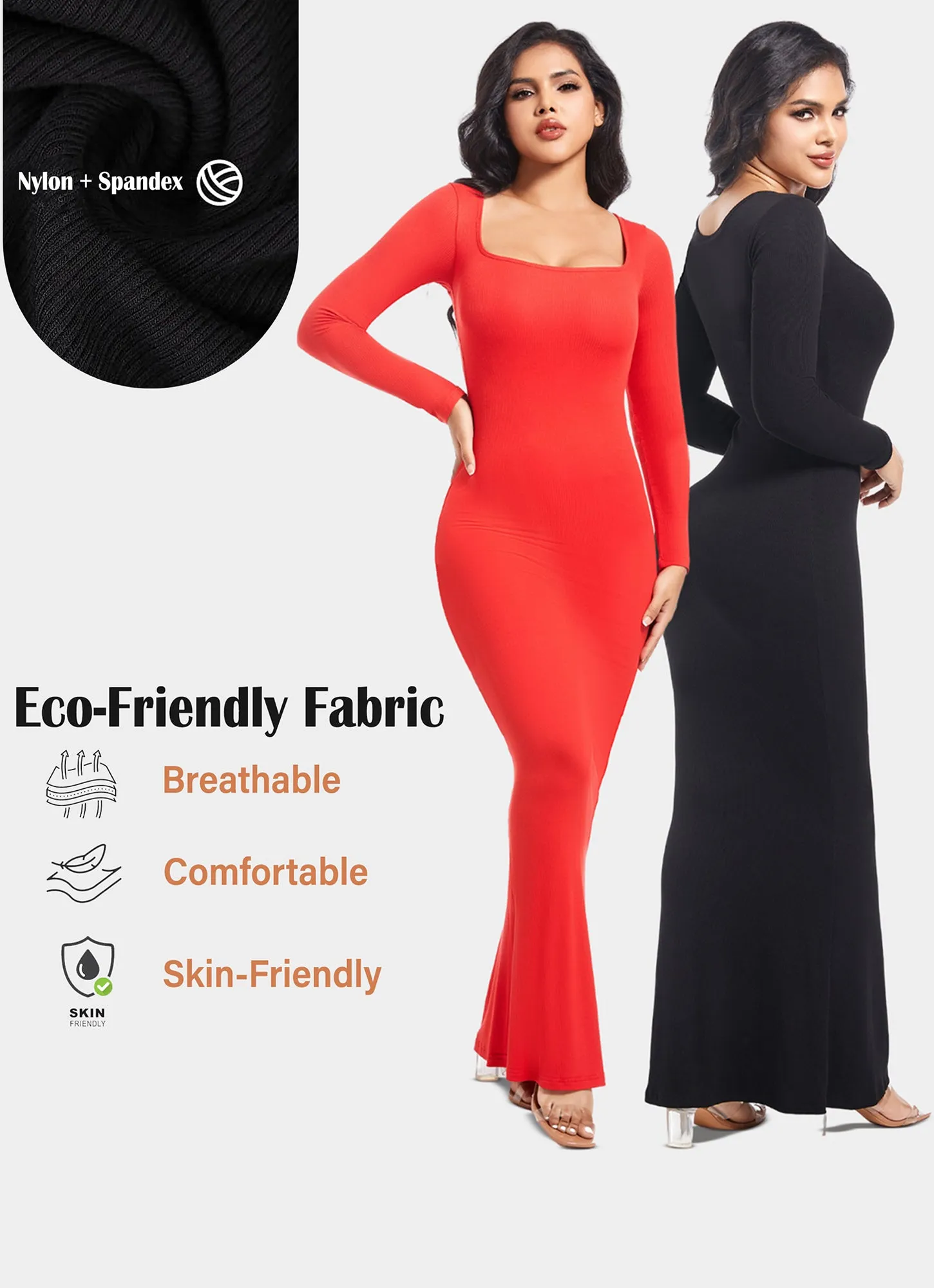 Built in Shaper Dress Long Sleeve Square Neck I Maxi Dresses with Tummy Control and Boobs Lifter Bodycon Shapewear Dress