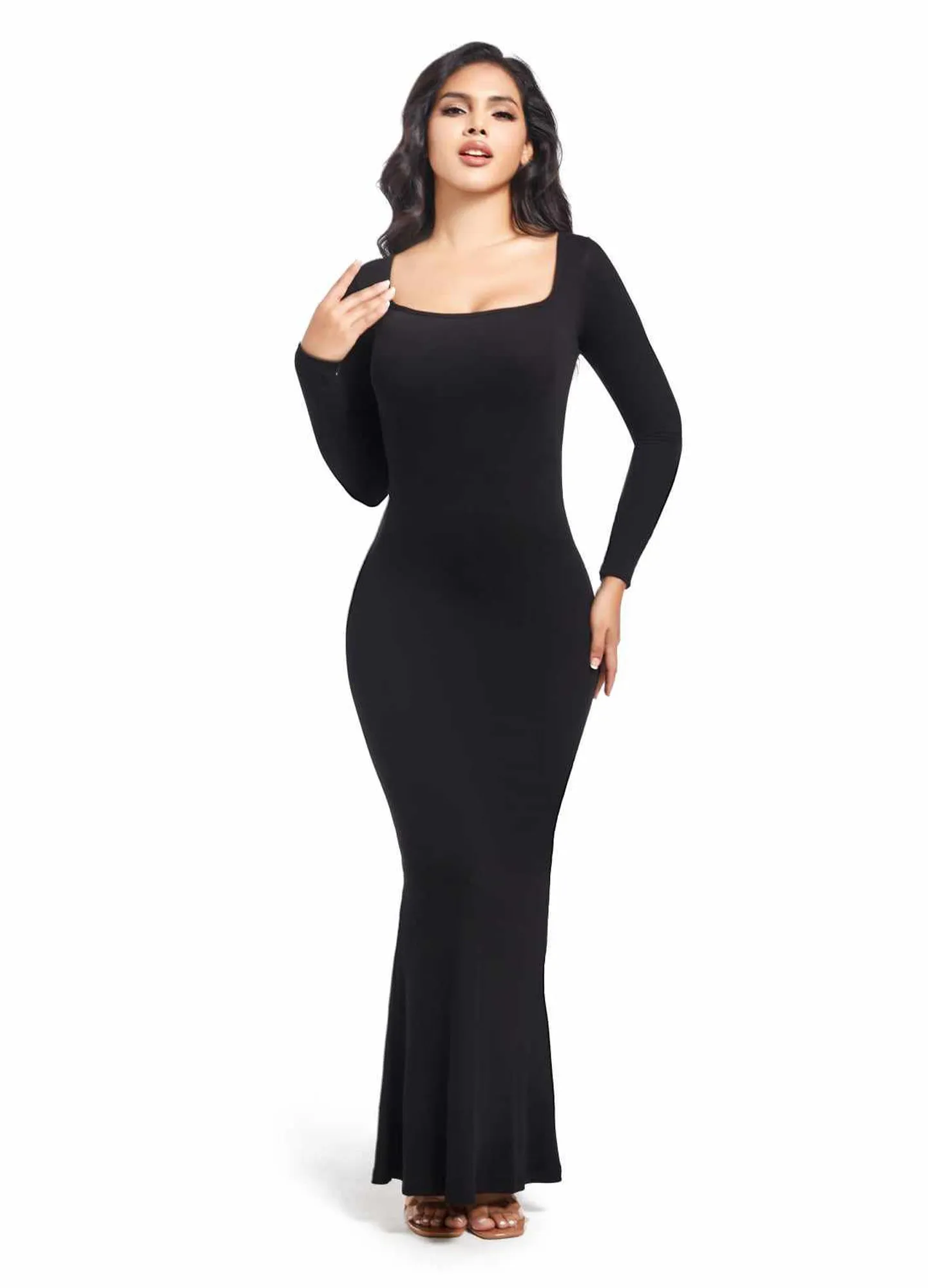 Built in Shaper Dress Long Sleeve Square Neck I Maxi Dresses with Tummy Control and Boobs Lifter Bodycon Shapewear Dress