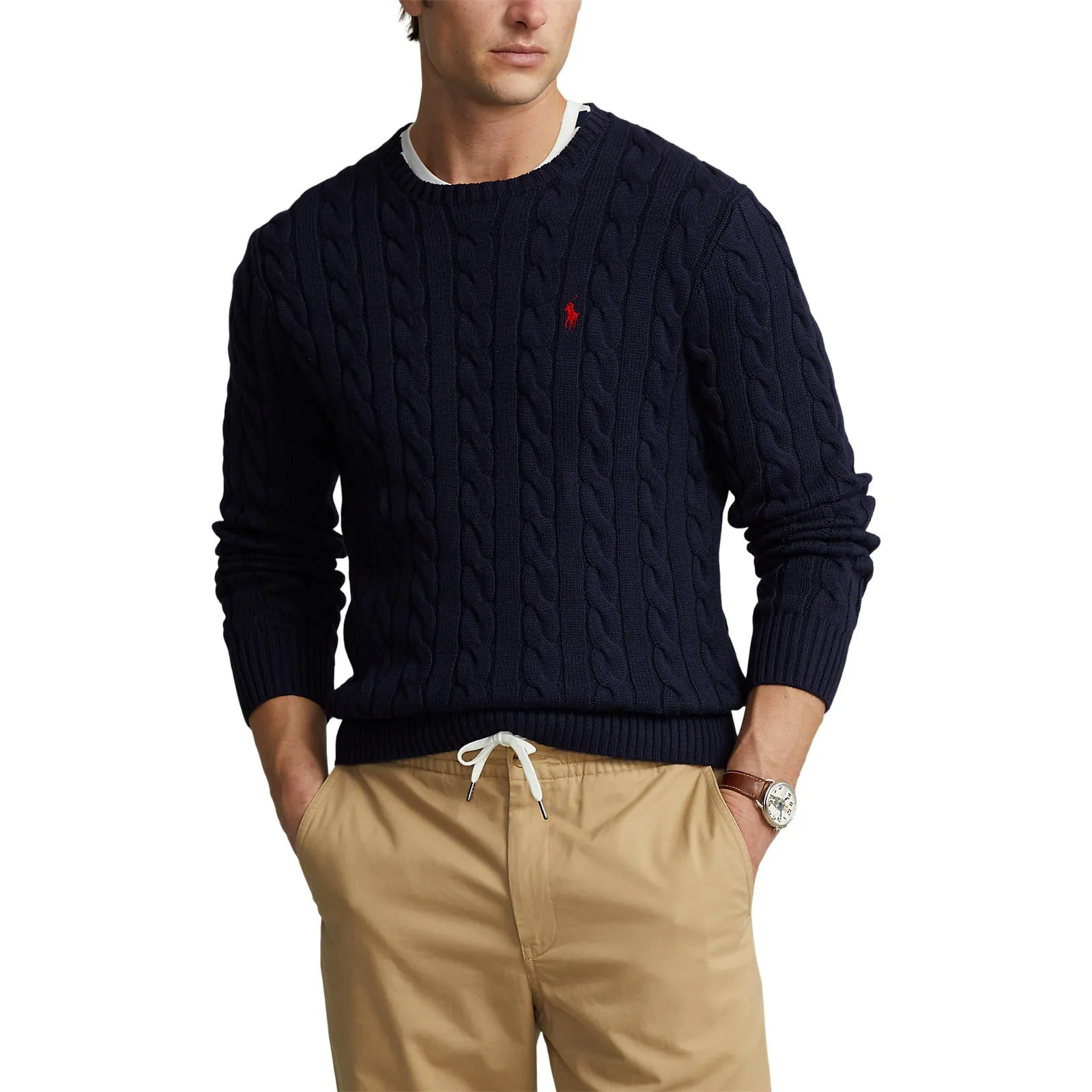 Cable Knit Cotton Sweater - Navy