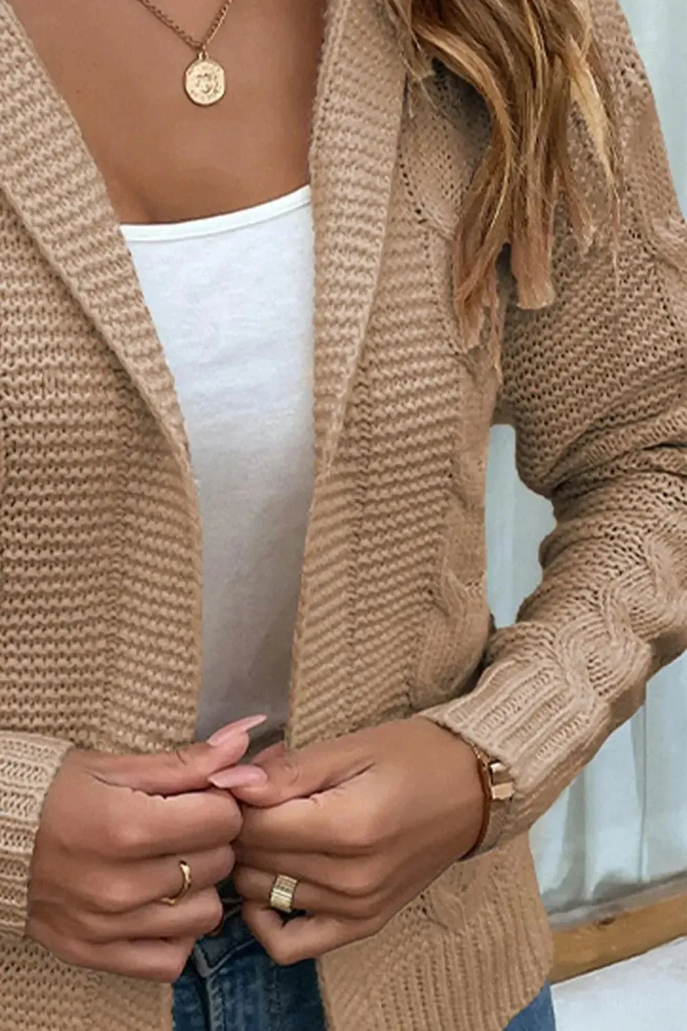 Cable-Knit Dropped Shoulder Hooded Cardigan sweater