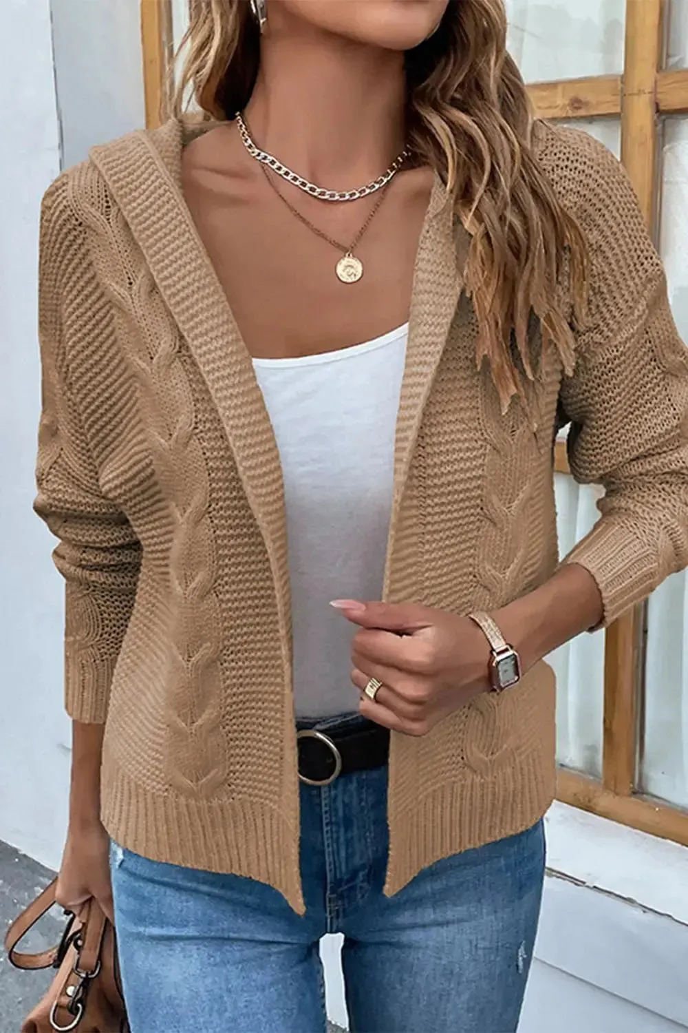 Cable-Knit Dropped Shoulder Hooded Cardigan sweater