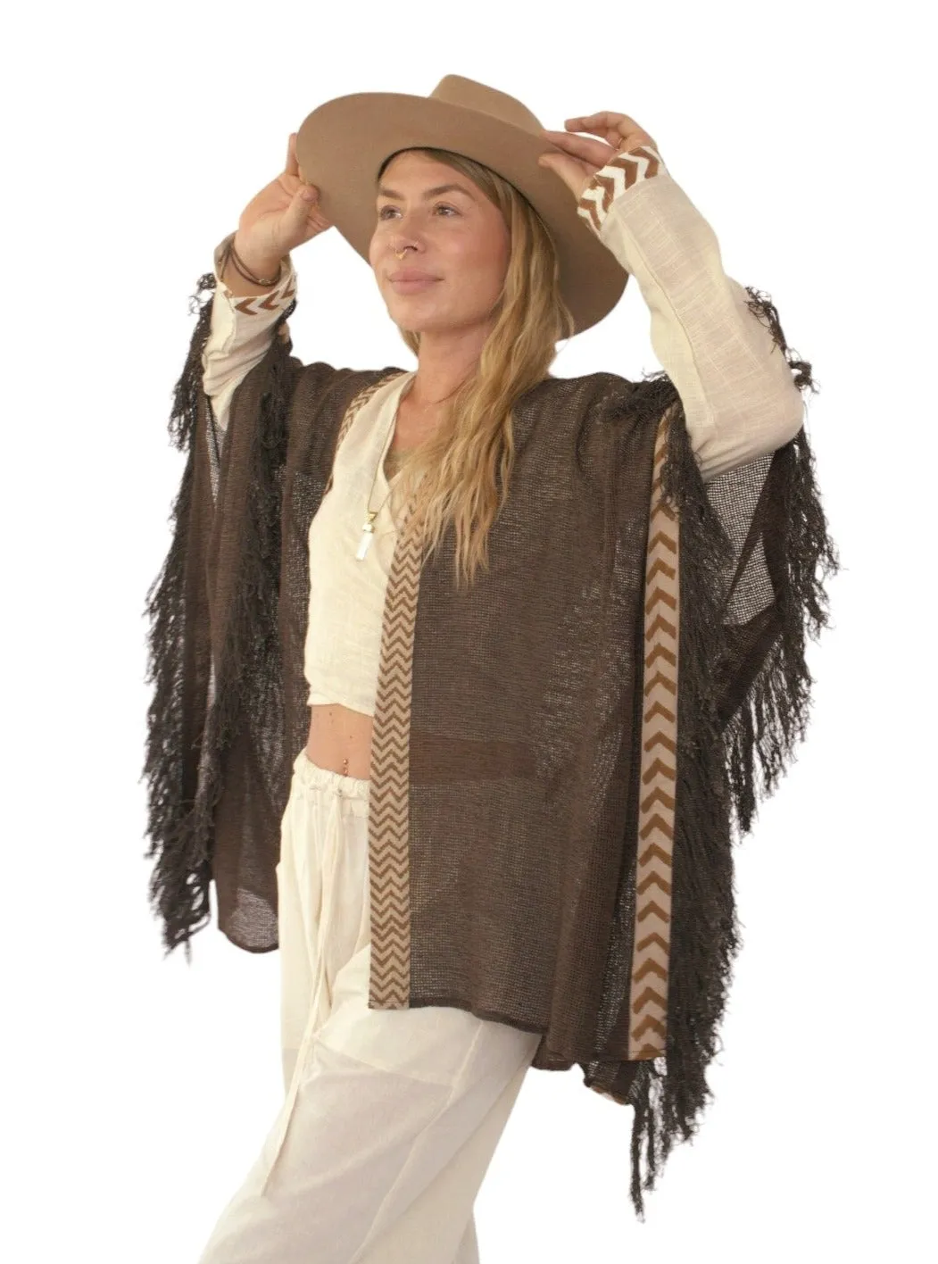 Cacao Mesh Open Poncho with Fringe