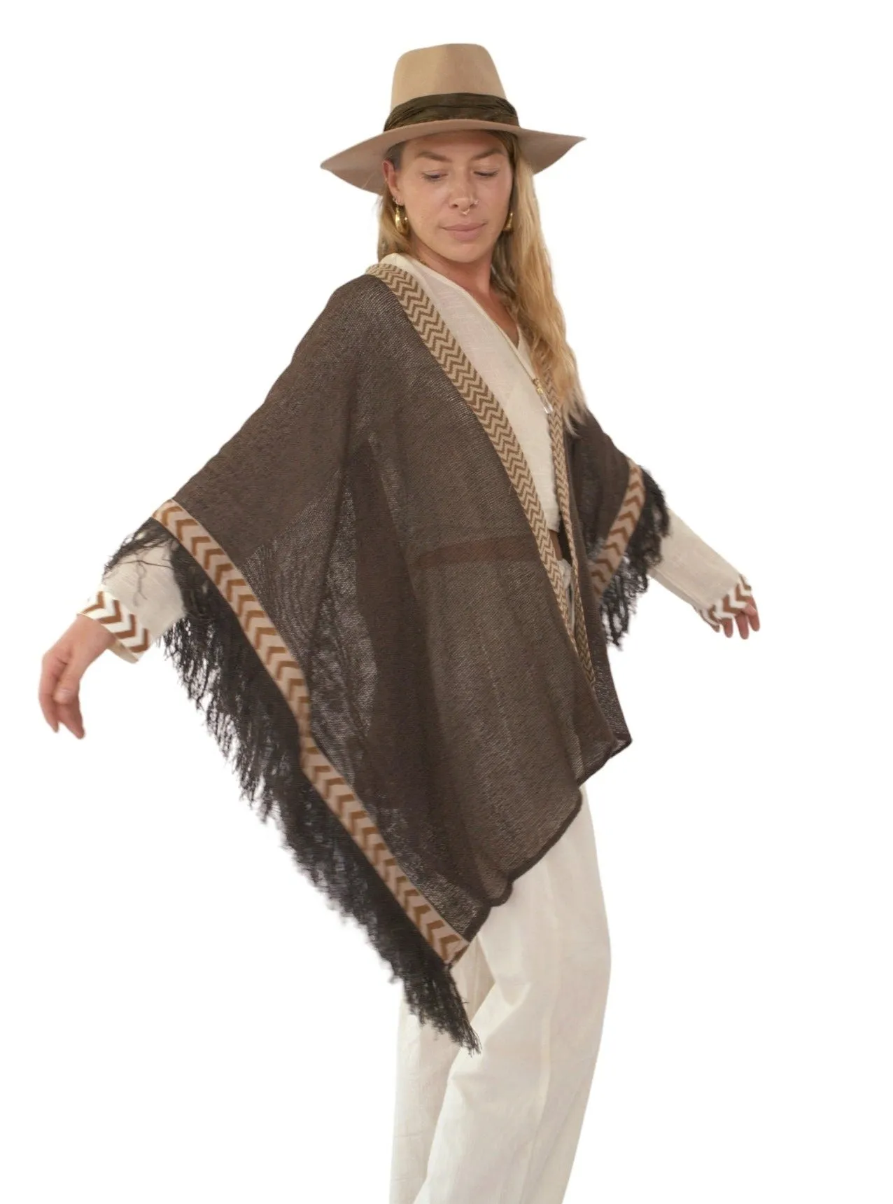 Cacao Mesh Open Poncho with Fringe