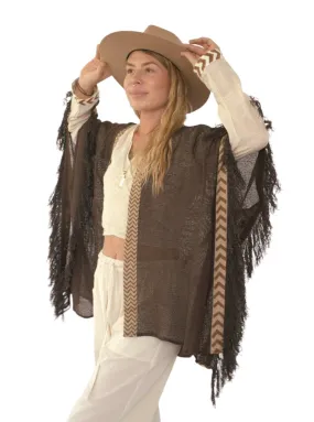 Cacao Mesh Open Poncho with Fringe