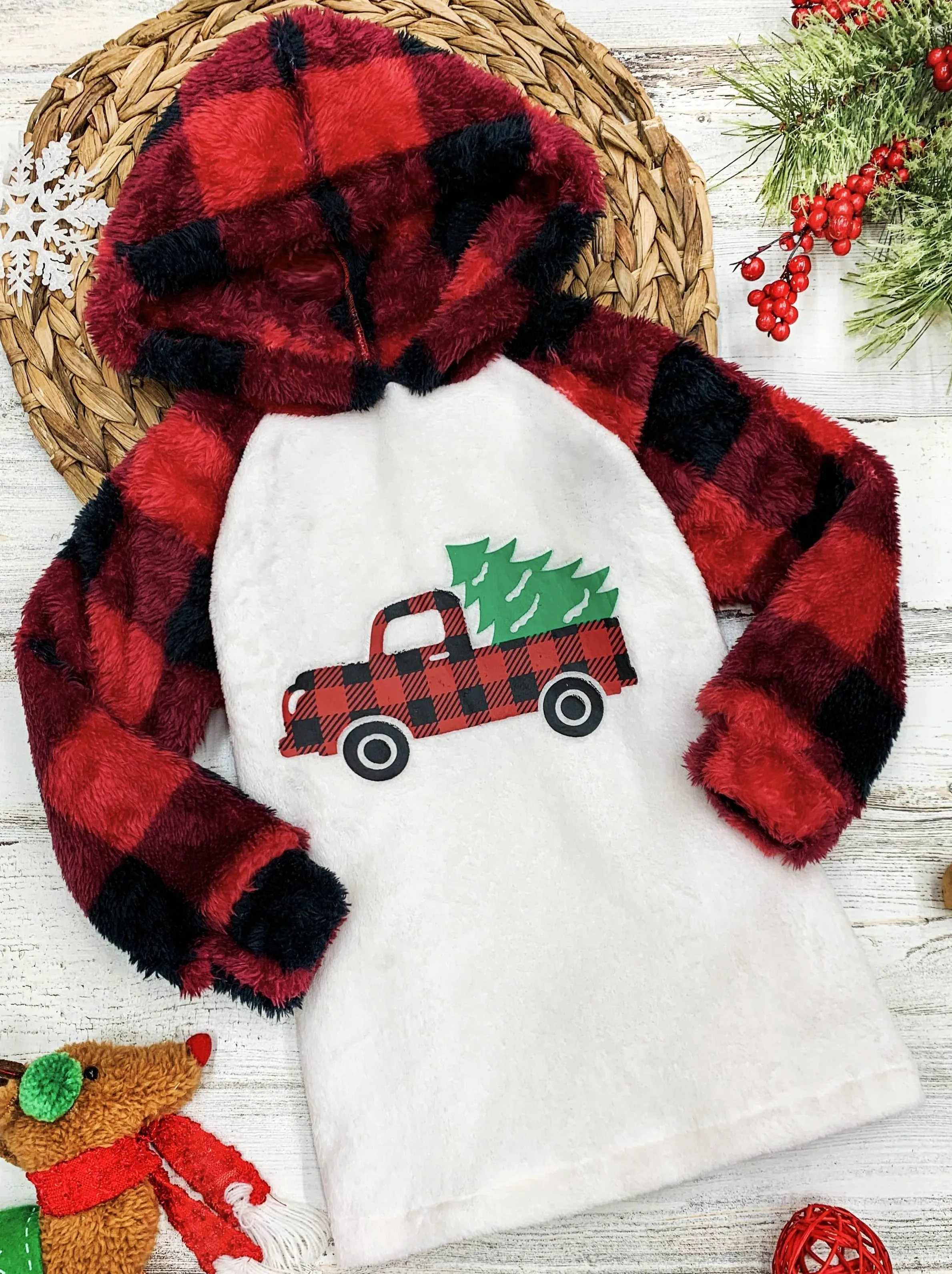 Christmas Tree Truck Fleece Raglan Holiday Hoodie