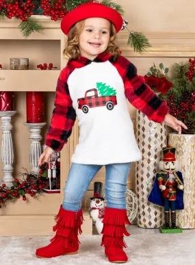 Christmas Tree Truck Fleece Raglan Holiday Hoodie