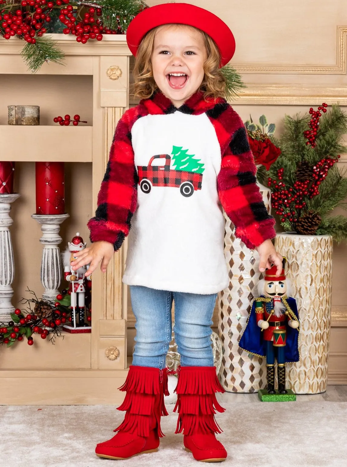 Christmas Tree Truck Fleece Raglan Holiday Hoodie