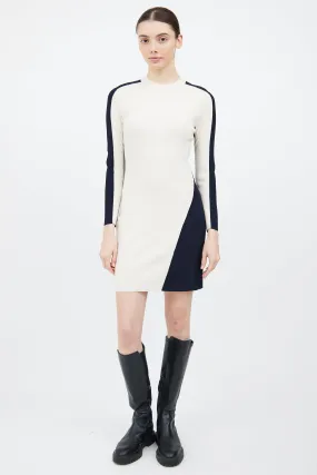 Cream & Navy Wool Knit Sweater Dress