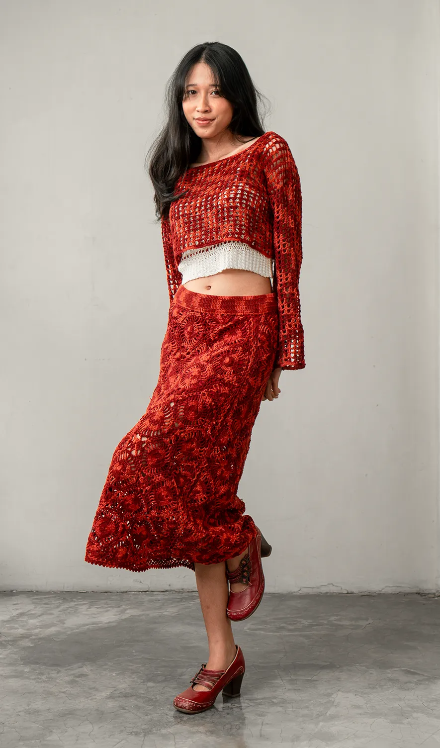 Crochet Midi Skirt Cotton Red, 3 Sizes