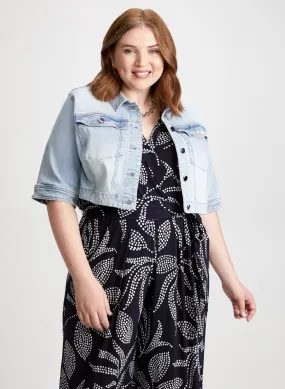 Cropped Denim Jacket & Leaf Print Jumpsuit