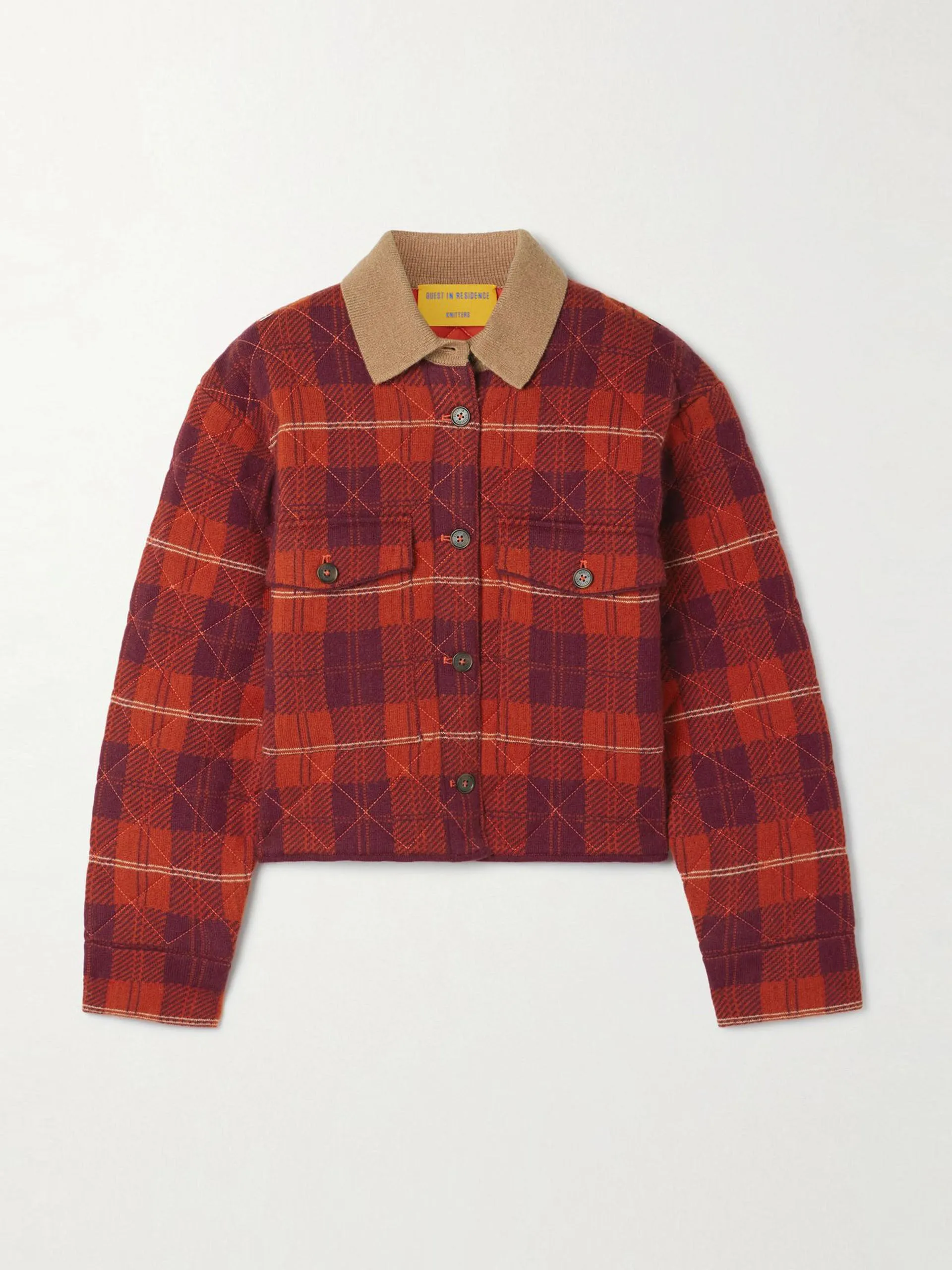 Cropped quilted padded tartan wool and cashmere-blend jacket