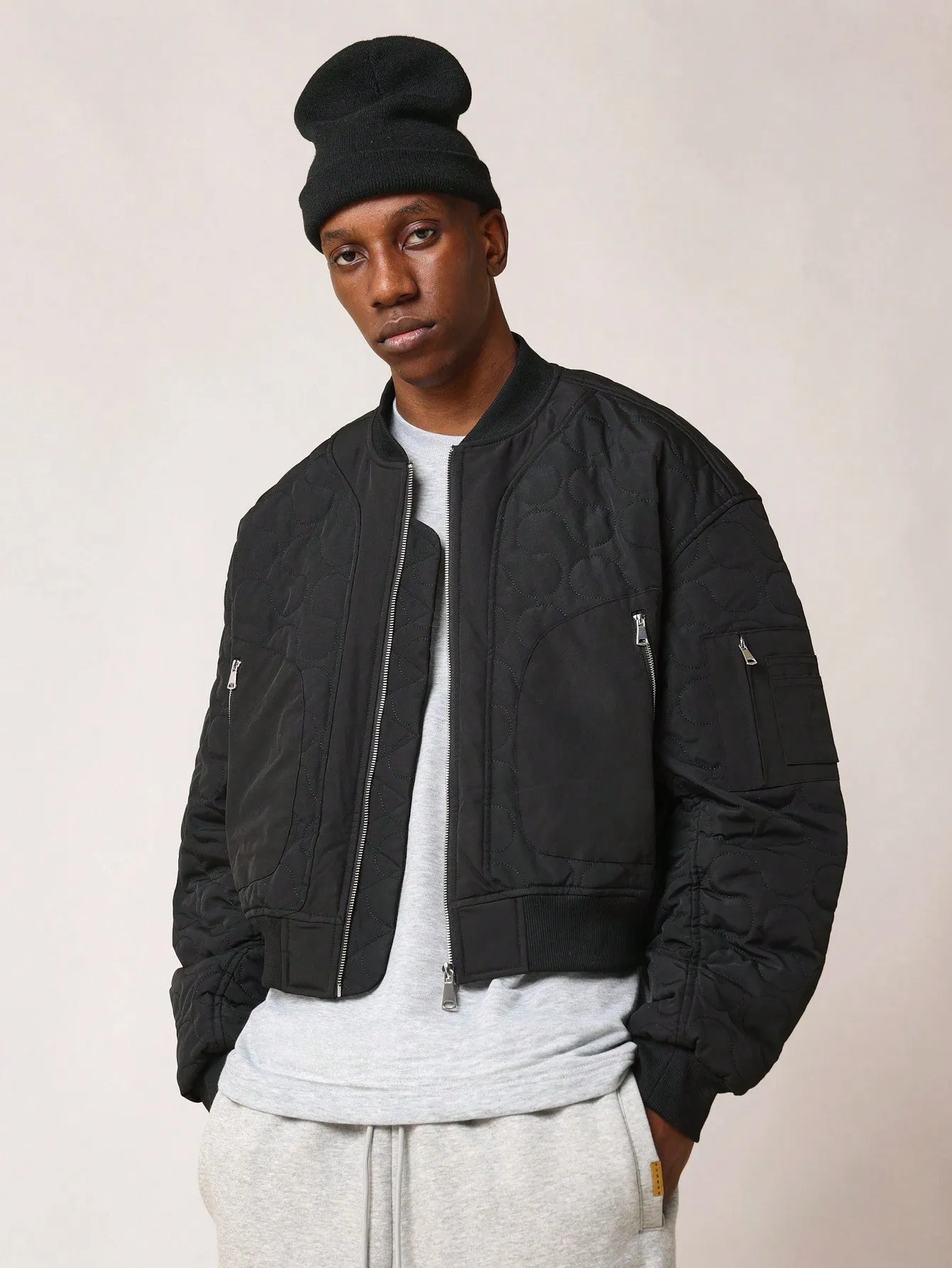 Cropped Zip-Up Quilted Bomber Jacket