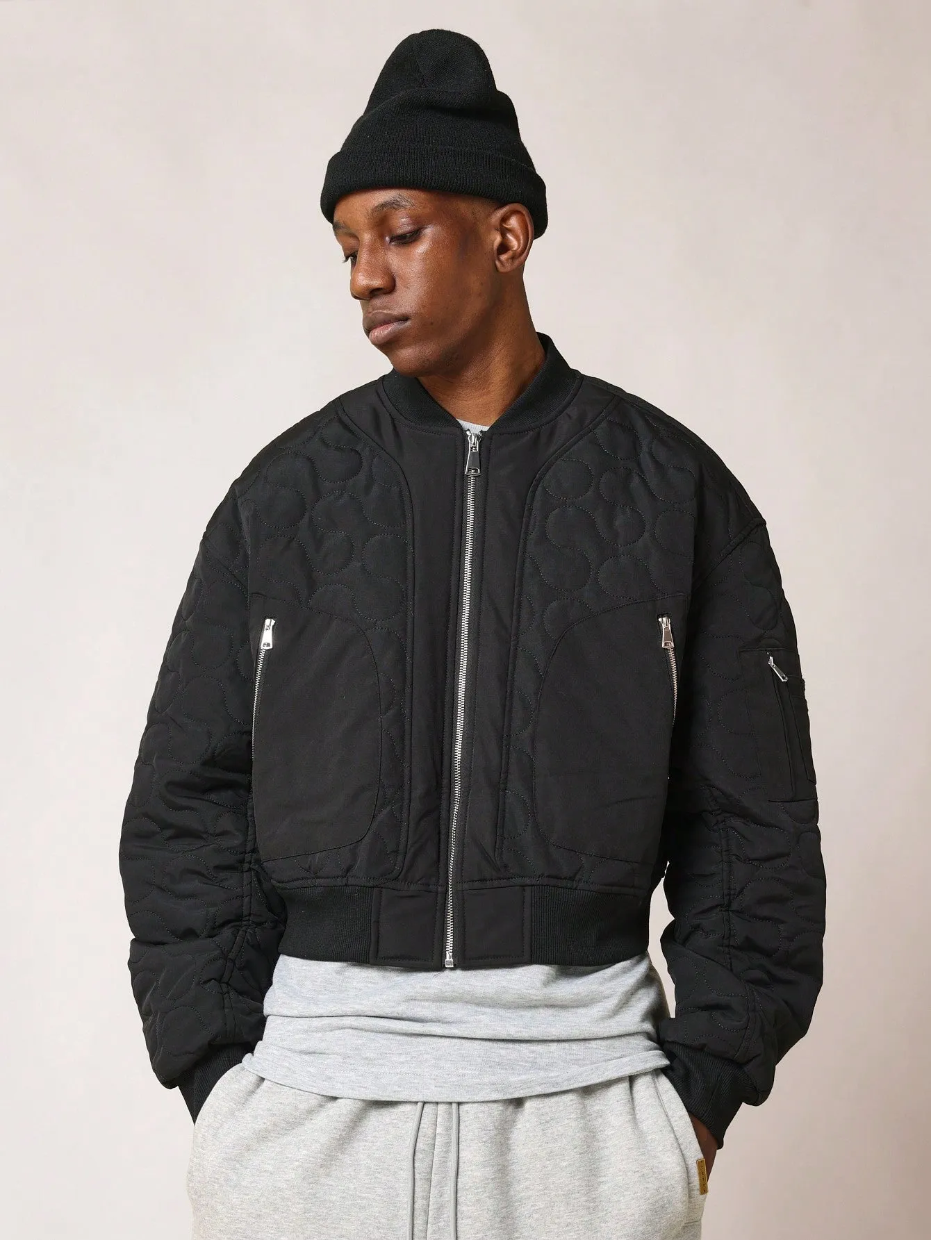 Cropped Zip-Up Quilted Bomber Jacket