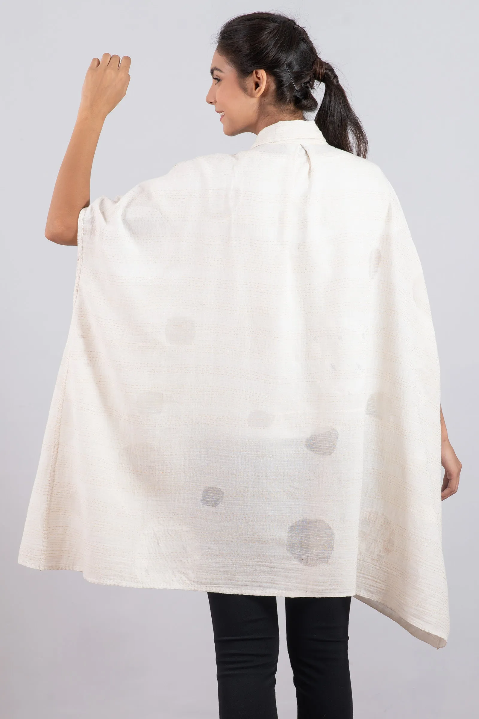 CUT THROUGH DOT AND HOLES KANTHA SHIRT PONCHO - cd2545-ivy -