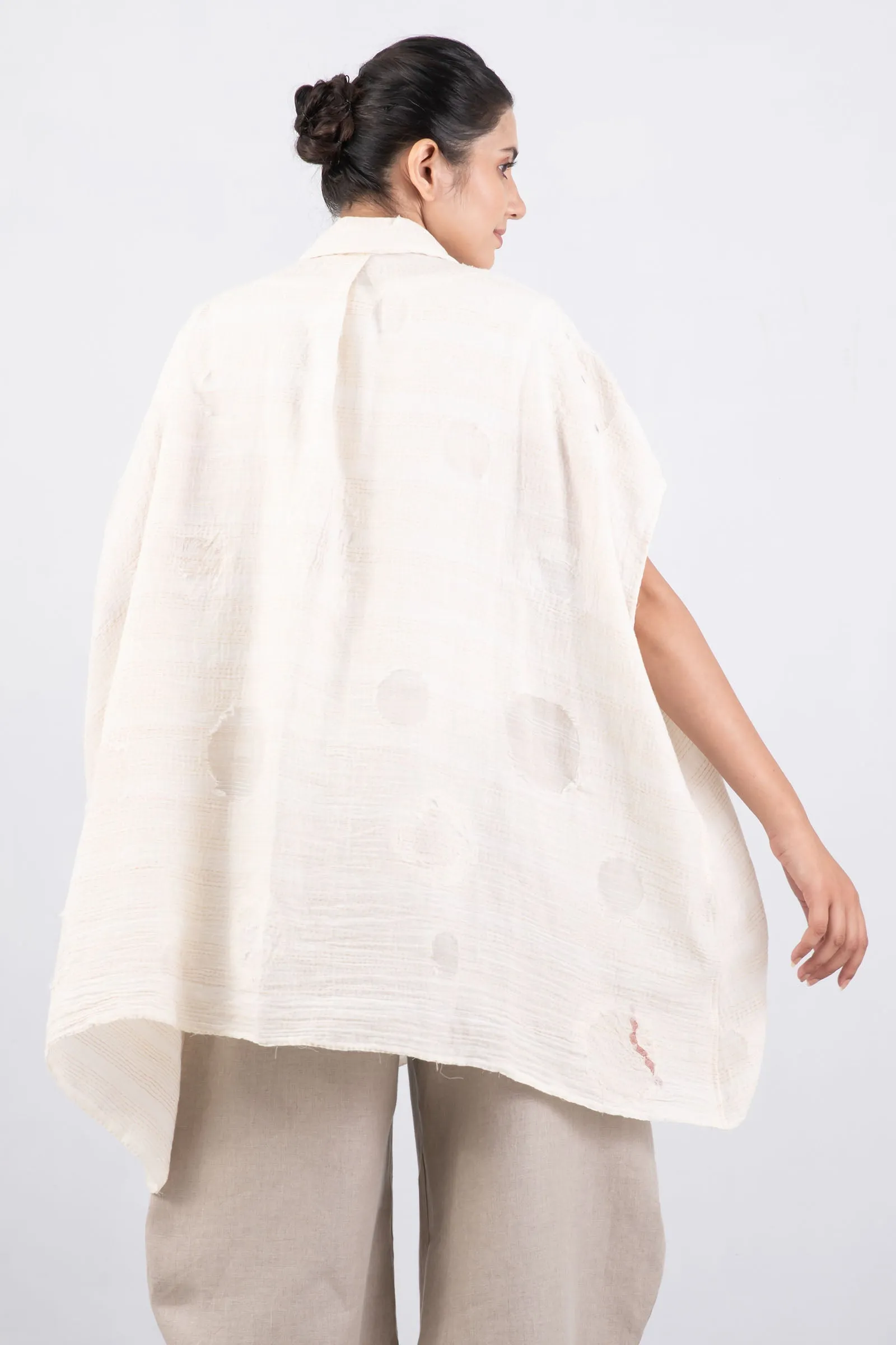 CUT THROUGH DOT AND HOLES KANTHA SHIRT PONCHO - cd2545-ivy -