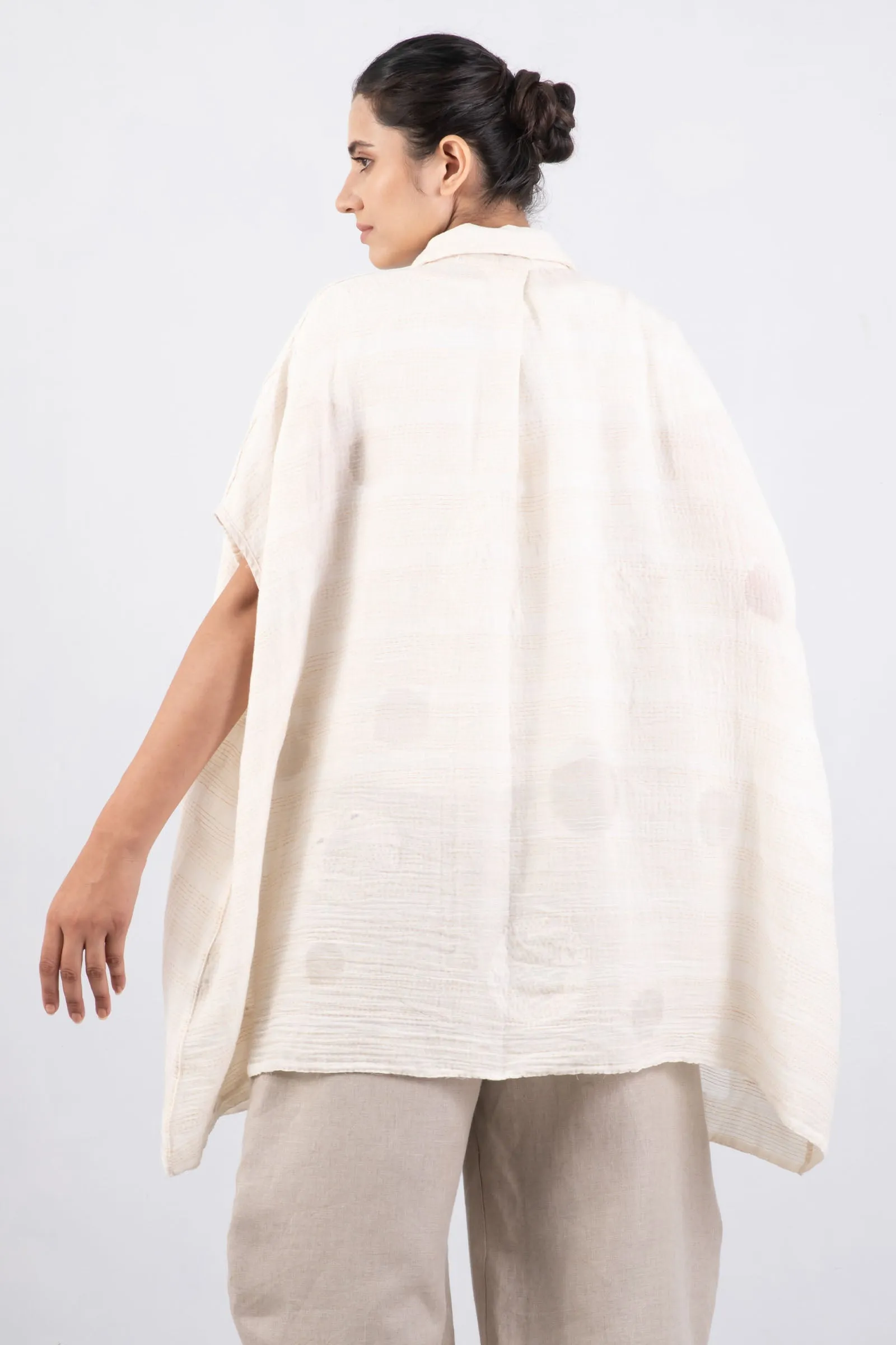 CUT THROUGH DOT AND HOLES KANTHA SHIRT PONCHO - cd2545-ivy -