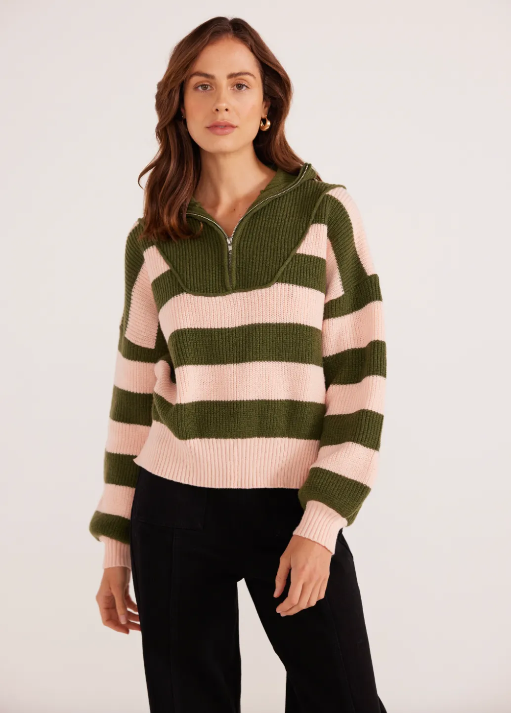 Darcy 1/4 Zip Knit Sweater - Khaki Stripe