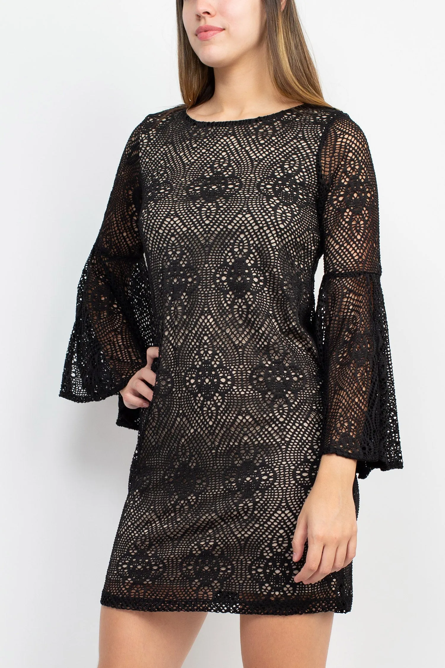 Emma & Michele Round Neck Circular Flounce Sleeve Bodycon Lace Dress