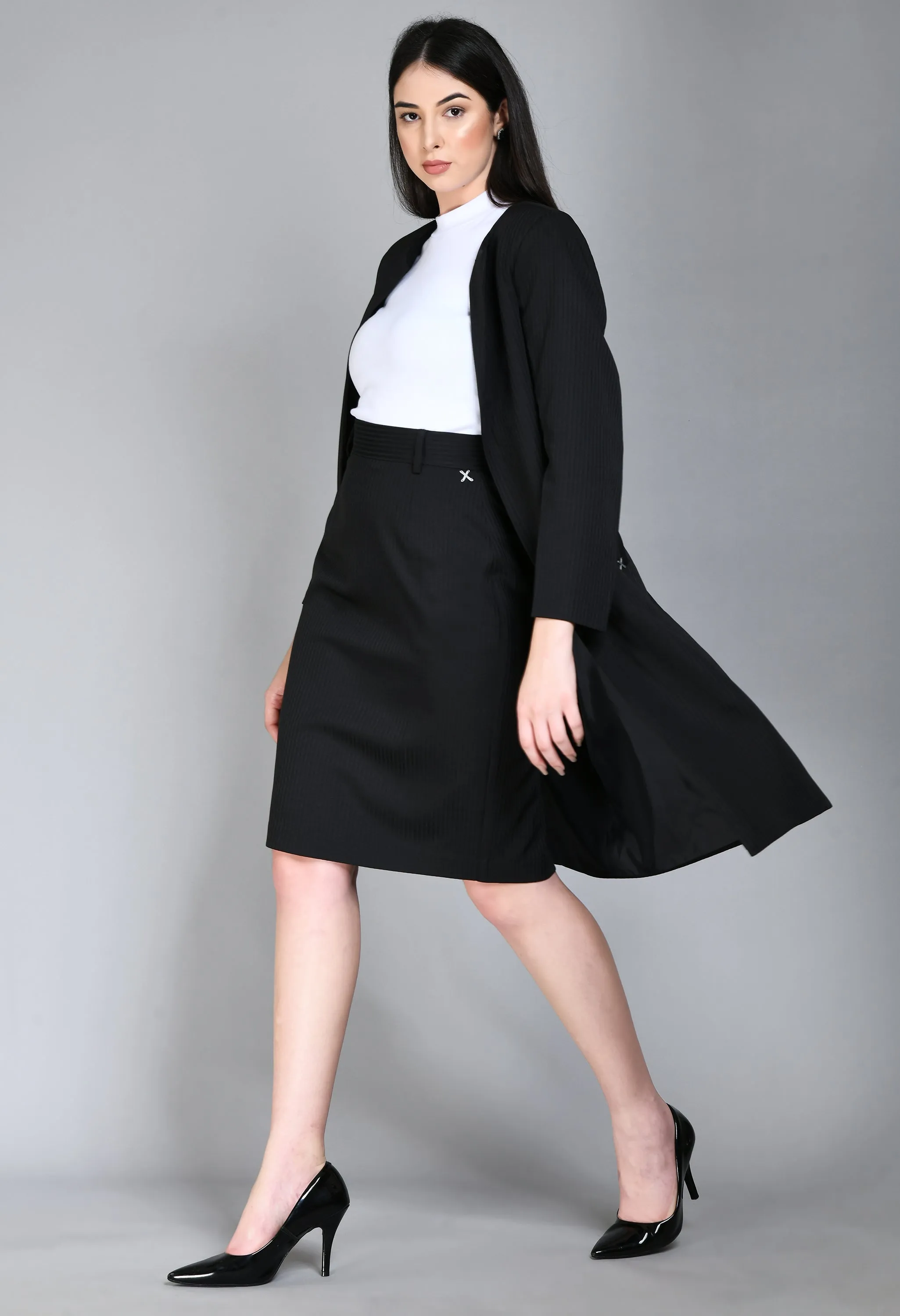 Exude Belief Striped Long Blazer Skirt Suit (Black)