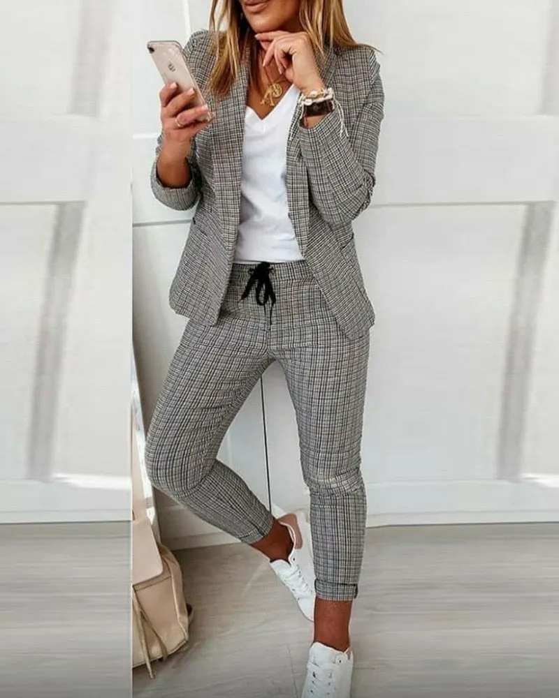 Fashionkova Casual Blazer Plaid Print 2Pcs Sets Jacket   Trousers Clothing Suit Women Clothes Set 2022 Autumn New Style