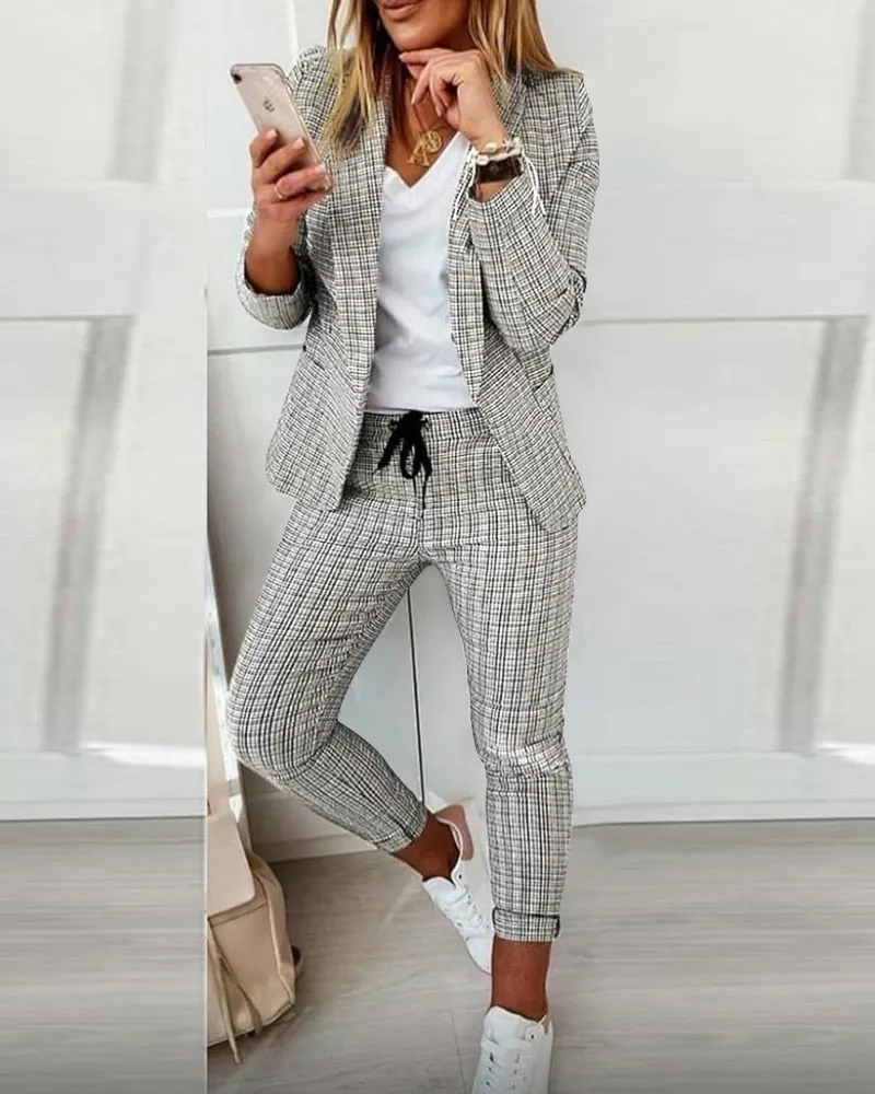 Fashionkova Casual Blazer Plaid Print 2Pcs Sets Jacket   Trousers Clothing Suit Women Clothes Set 2022 Autumn New Style