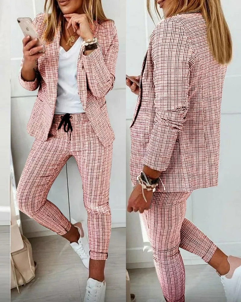 Fashionkova Casual Blazer Plaid Print 2Pcs Sets Jacket   Trousers Clothing Suit Women Clothes Set 2022 Autumn New Style