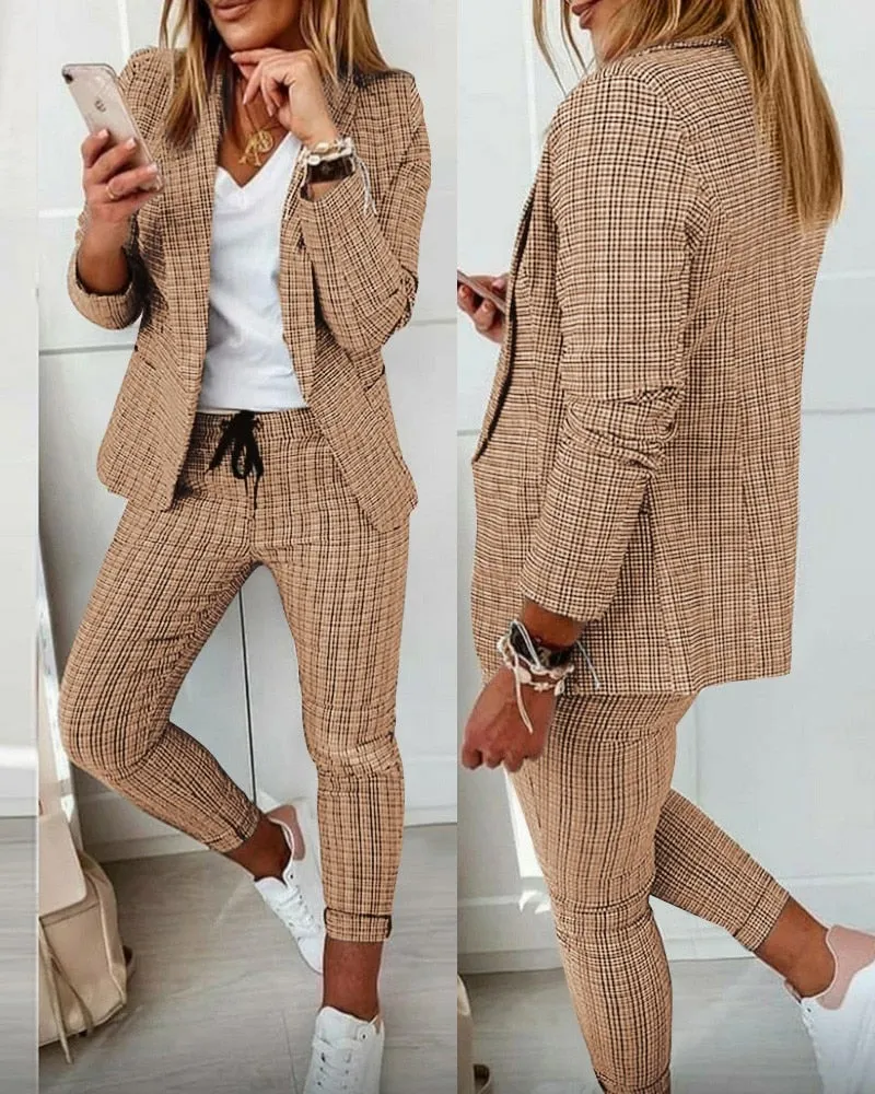 Fashionkova Casual Blazer Plaid Print 2Pcs Sets Jacket   Trousers Clothing Suit Women Clothes Set 2022 Autumn New Style