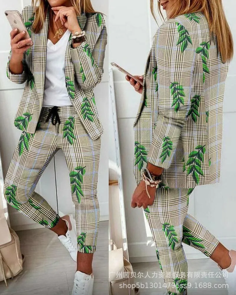 Fashionkova Casual Blazer Plaid Print 2Pcs Sets Jacket   Trousers Clothing Suit Women Clothes Set 2022 Autumn New Style