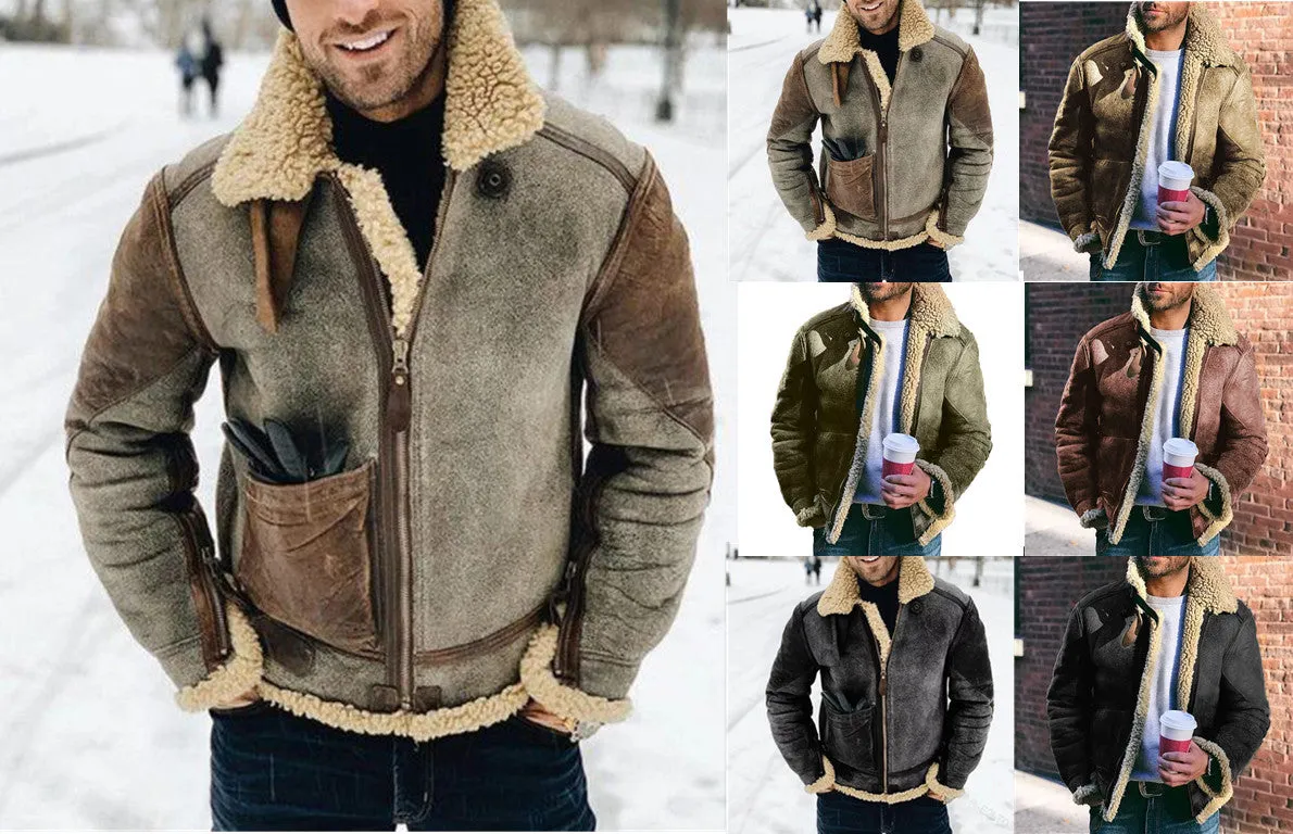 Faux Leather Men's Jacket Winter Warm Jacket Thicken Large Lapel Contrast Color Jacket