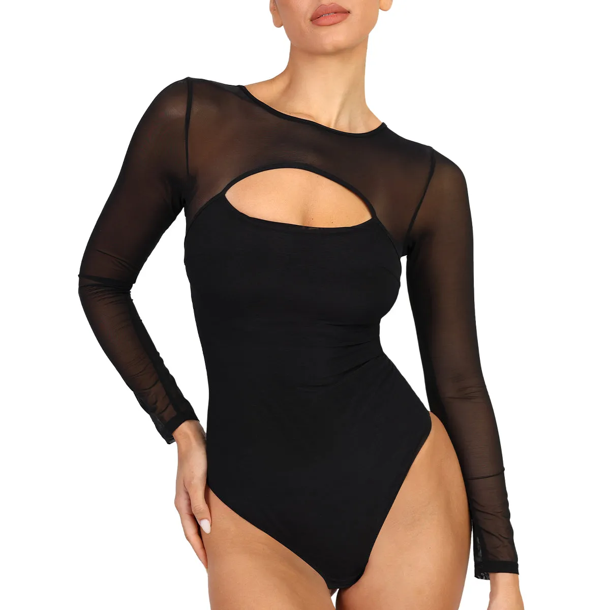 FeelinGirl Shapewear Dress Long Sleeve Bodycon Sheer Mesh Seamless Breathable Casual Fabric Dresses