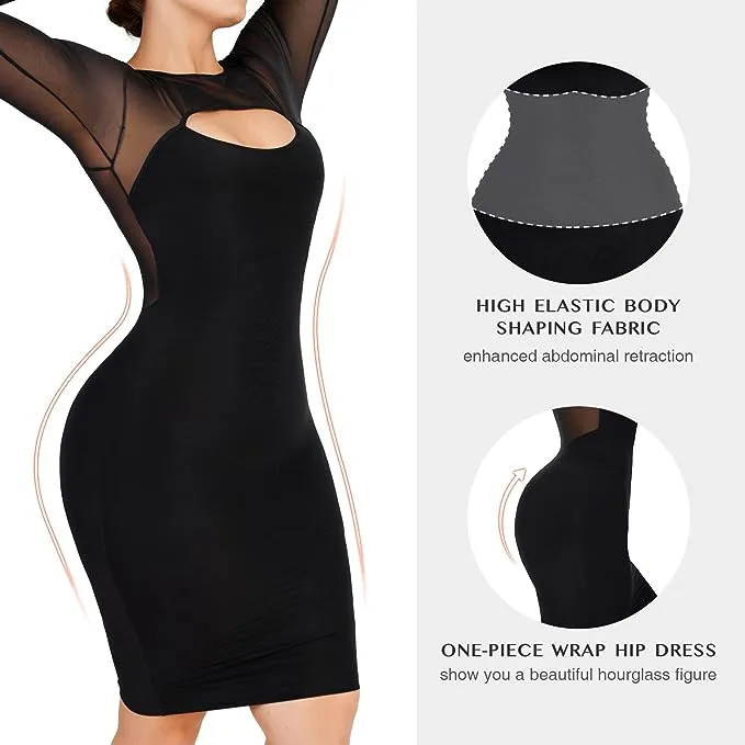 FeelinGirl Shapewear Dress Long Sleeve Bodycon Sheer Mesh Seamless Breathable Casual Fabric Dresses