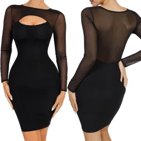 FeelinGirl Shapewear Dress Long Sleeve Bodycon Sheer Mesh Seamless Breathable Casual Fabric Dresses