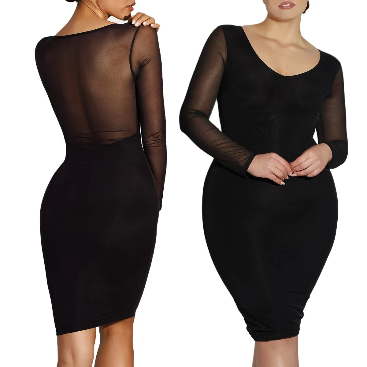 FeelinGirl Shapewear Dress Long Sleeve Bodycon Sheer Mesh Seamless Breathable Casual Fabric Dresses