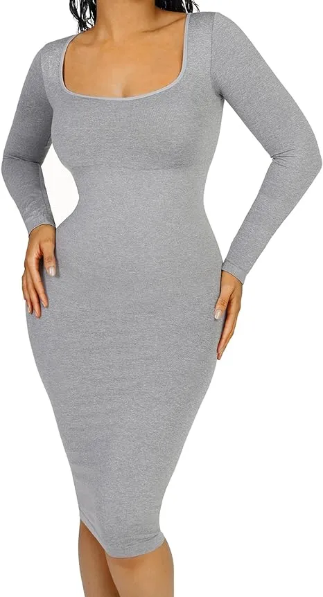 FeelinGirl Shapewear Dress Long Sleeve Bodycon Sheer Mesh Seamless Breathable Casual Fabric Dresses