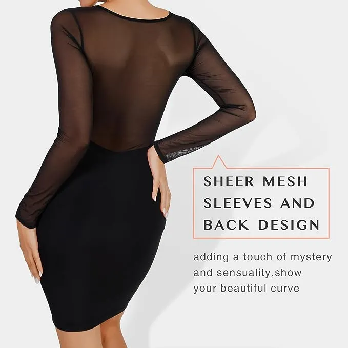 FeelinGirl Shapewear Dress Long Sleeve Bodycon Sheer Mesh Seamless Breathable Casual Fabric Dresses