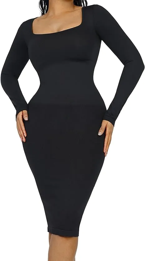 FeelinGirl Shapewear Dress Long Sleeve Bodycon Sheer Mesh Seamless Breathable Casual Fabric Dresses