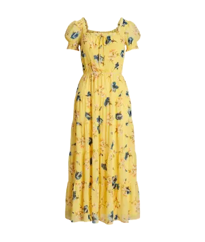 Floral Georgette Puff-sleeve Midi Dress - Yellow