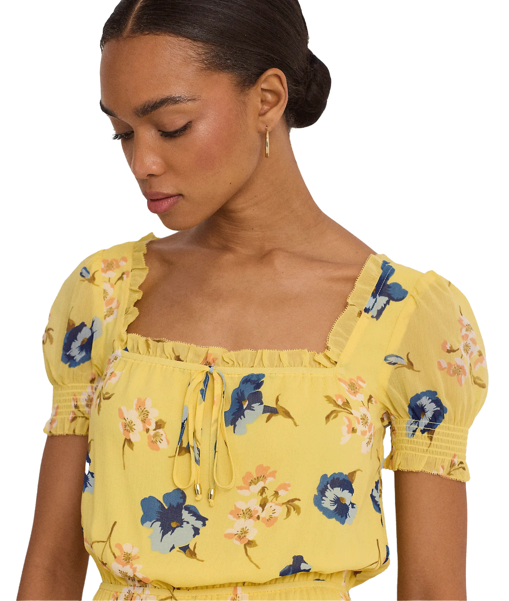 Floral Georgette Puff-sleeve Midi Dress - Yellow