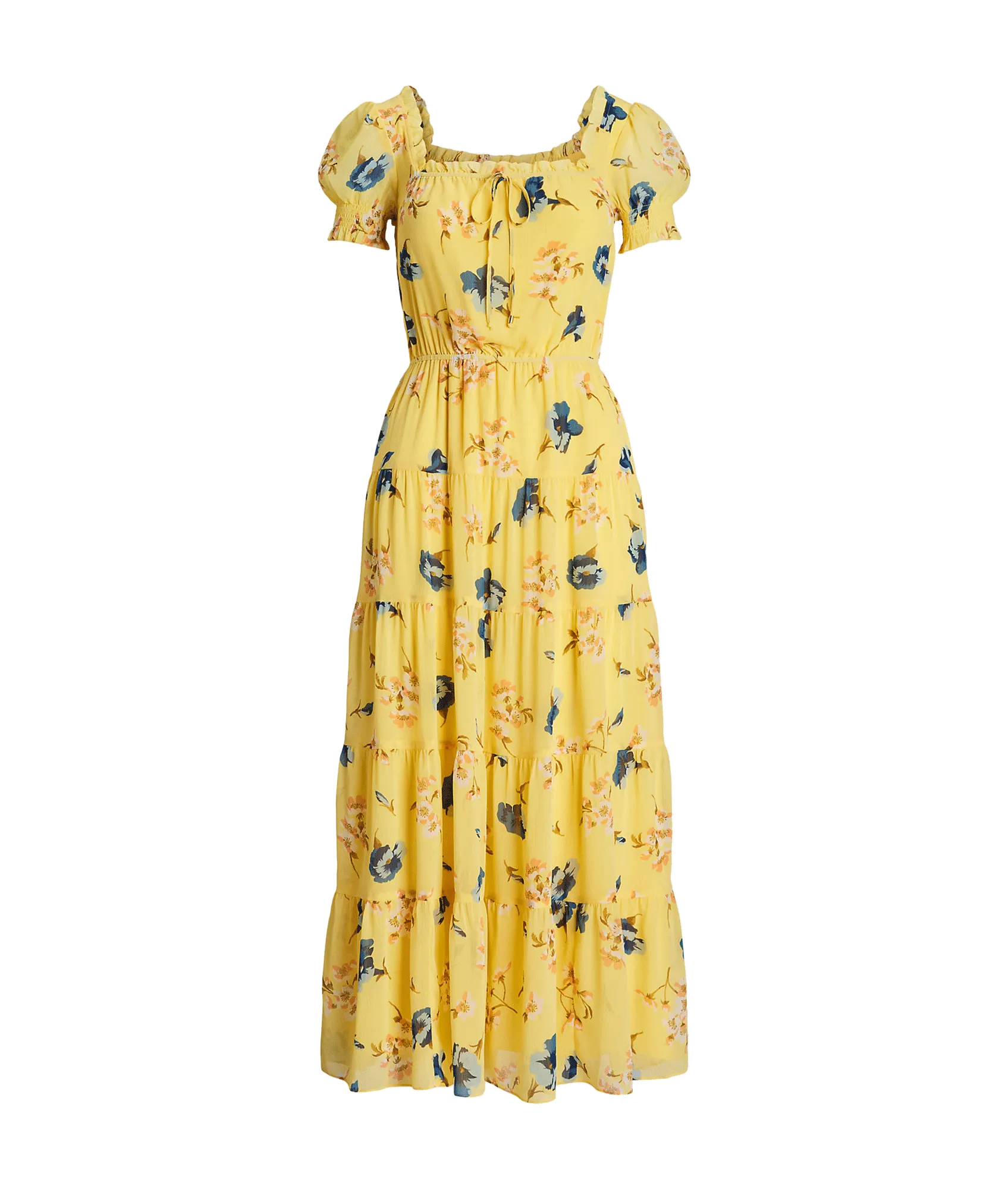 Floral Georgette Puff-sleeve Midi Dress - Yellow