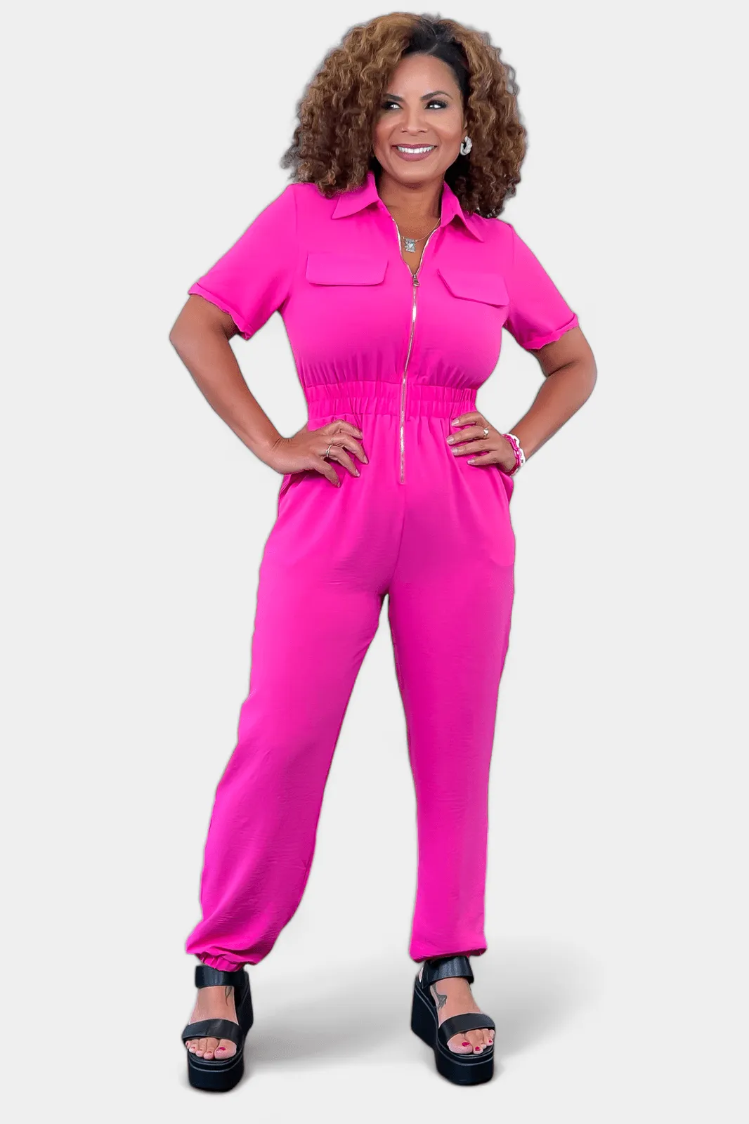 Fuchsia Front Zipper Jumpsuit