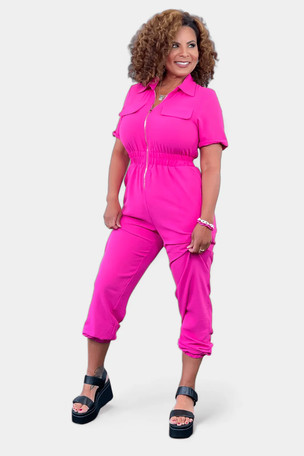 Fuchsia Front Zipper Jumpsuit