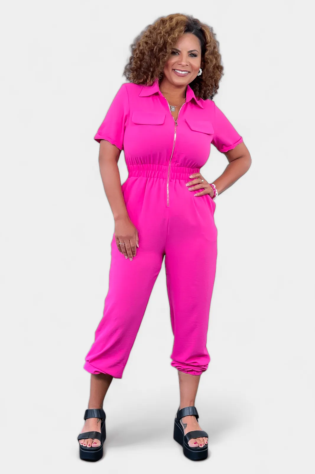 Fuchsia Front Zipper Jumpsuit